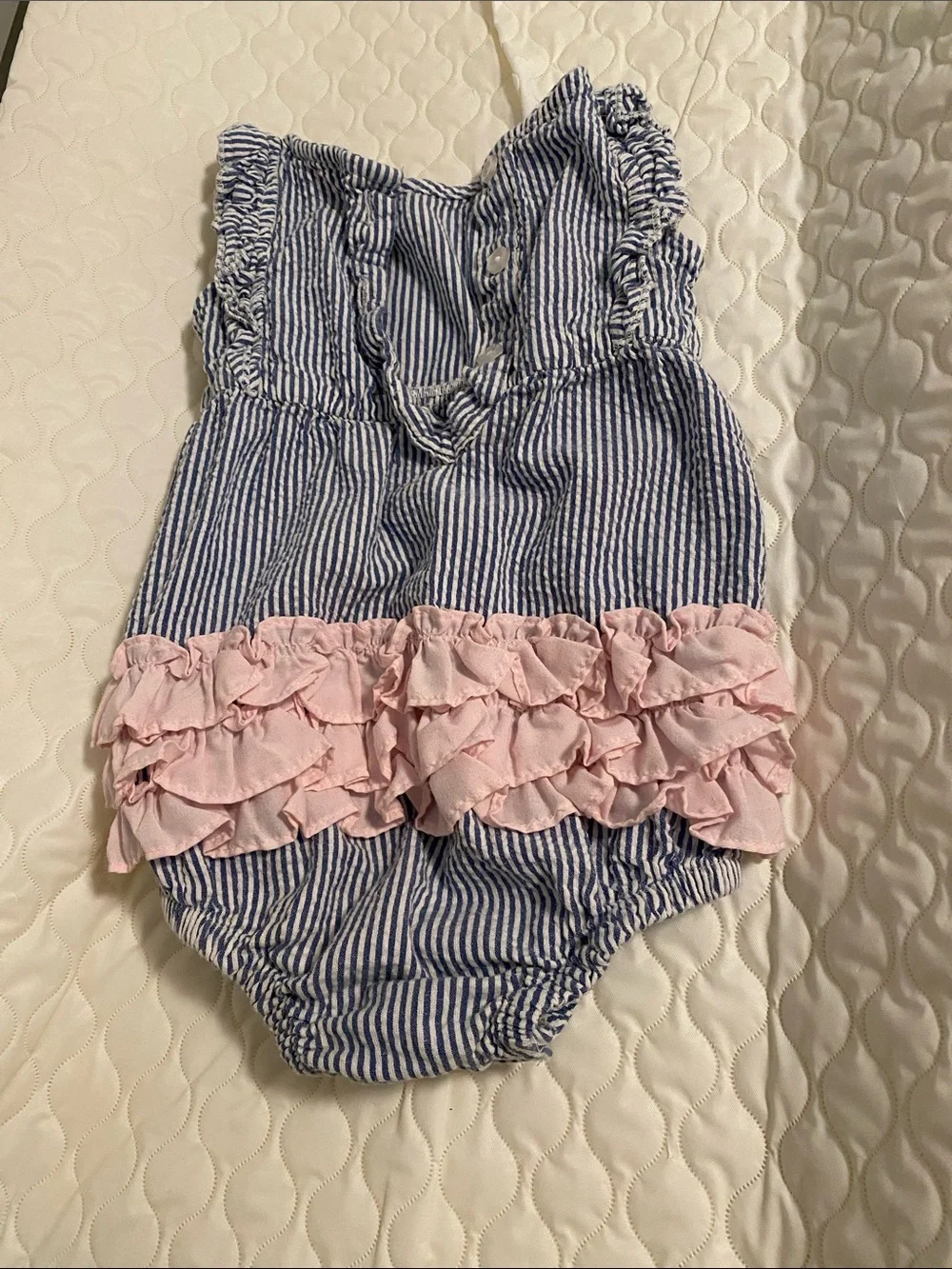 Ruffle Butts Blue & White Striped Ruffle Romper with Pink Bows